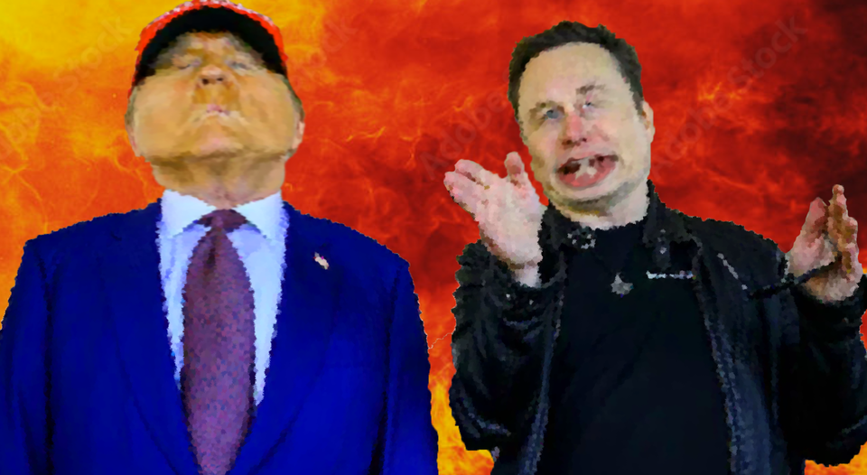 A distorted image of Donald Trump, in a blue suit, standing next to a gesticulating Elon Musk, against a fiery background.